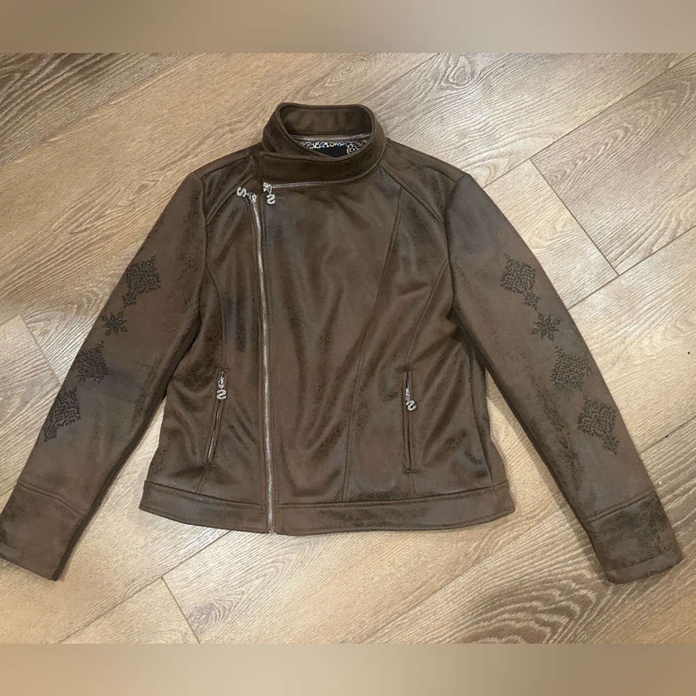 Desigual Brown Women's faux Suede  Moto Jacket with Embroidered Motifs